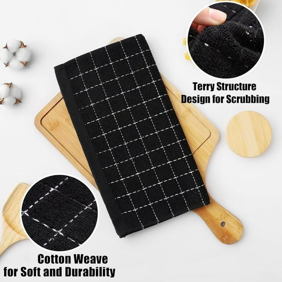 XSCPXTT  1PCS Checkered Designed Cotton Kitchen Dish Cloths, 12x12 Inch Soft Absorbent Quick Drying Cleaning Kitchen Rags Black