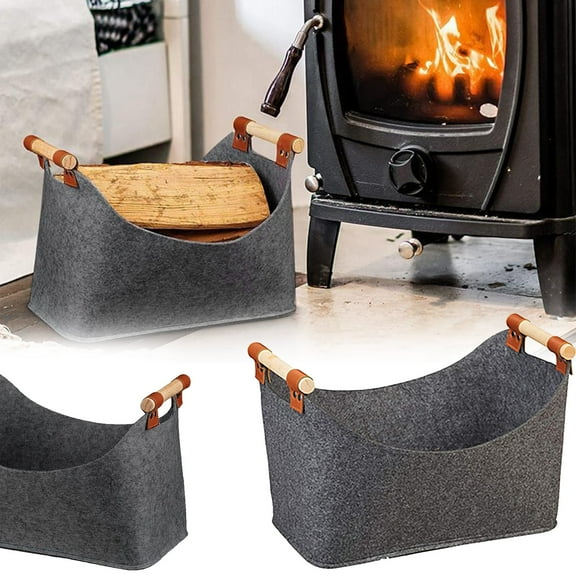 XSCPXTT Extra Thick Firewood Storage Basket (Foldable) – With Wooden Handles, Stores Firewood/Newspaper, Includes Work Gloves for Home Fireplace/Camping Black