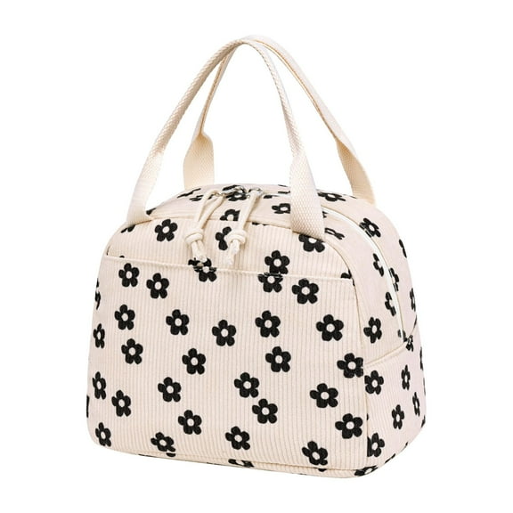 XSCPXTT Lunch Bag for Women Men Cute Corduroy Lunch Tote Bags Reusable Insulated Lunch Box Large Capacity Reusable Insulated Cooler for Work Picnic or Travel ,Black Flower