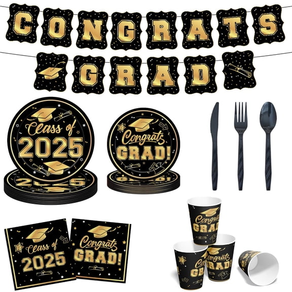 XSCQ 2025 Graduation Plates and Napkins AFN1Set Party Supplies Decorations, 169 Pcs Disposable Congrats Grad Paper Tableware Serves 24, Include Plates, Napkins, Cup, Knives, Forks, Spoons