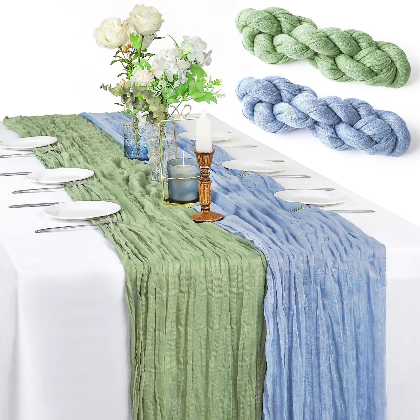 XSEINO 2 Pieces 10FT KEF16 Sage Green and Dusty Blue Cheesecloth Table ...