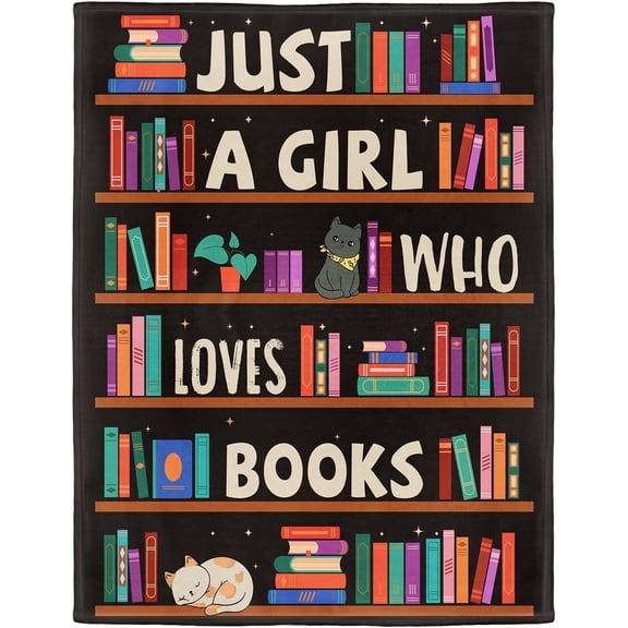 Cat Lover Blanket, Just A Girl Who Loves Books Blanket, Soft Warm Cozy Fleece Throw, Gifts for Girls Teens Kids, 50"x60", Black