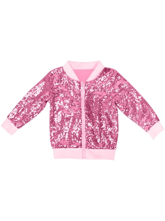 Girls Jacket Sparkly Sequin Bomber Zip Up Long Sleeve Shiny Party Coat Outerwear for Toddler Kids School Stage Dance Birthday Wear 4-12 Years