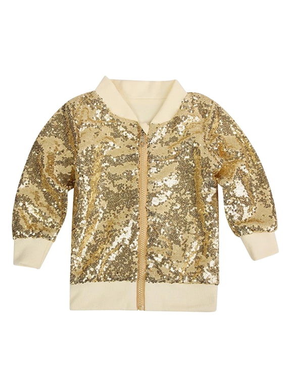 Girls Jacket Sparkly Sequin Bomber Zip Up Long Sleeve Shiny Party Coat Outerwear for Toddler Kids School Stage Dance Birthday Wear 4-12 Years