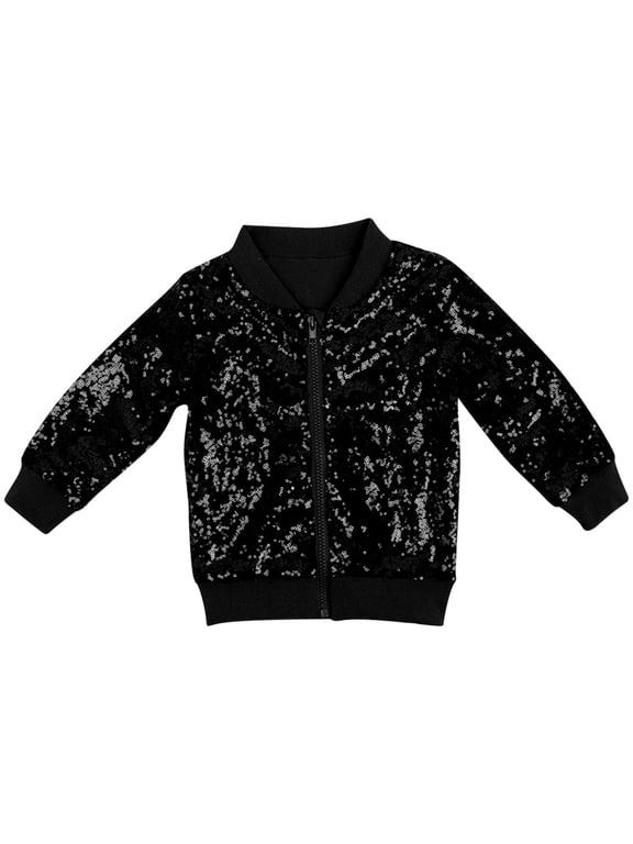 Girls Jacket Sparkly Sequin Bomber Zip Up Long Sleeve Shiny Party Coat Outerwear for Toddler Kids School Stage Dance Birthday Wear 4-12 Years