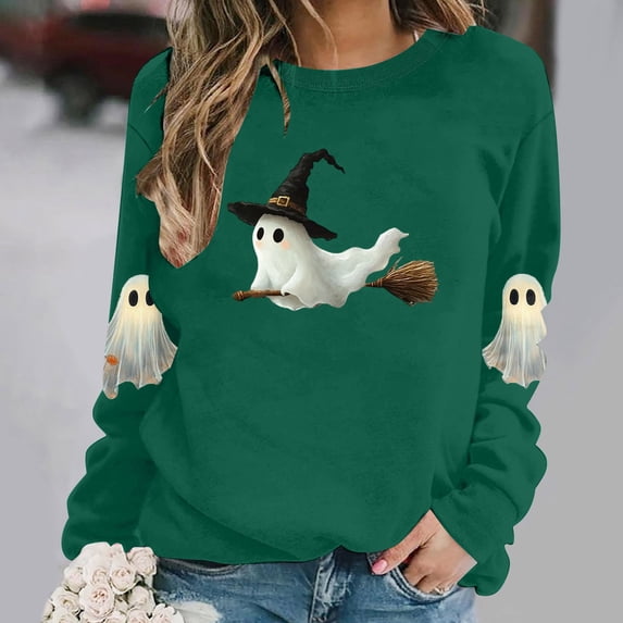 XSMGTUI Halloween Sweatshirt for Women Fall Spooky Season Ghost Long Sleeve Crewneck Casual Witch Pumpkin Bat Oversized Pullover Soft Comfortable Cute Vintage Graphic Tees