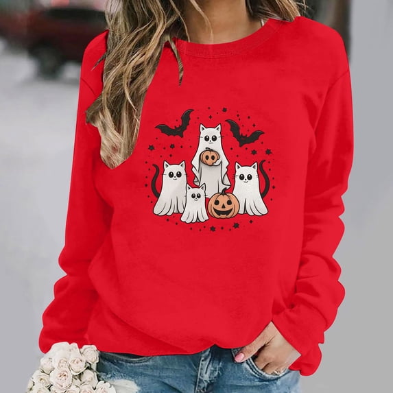 XSMGTUI Halloween Women's Crew Neck Sweatshirt Long Sleeve Loose Fit Fall Ghost Fall Pumpkin Fashion Tendy Casual Cute Vintage Graphic Soft Comfortable