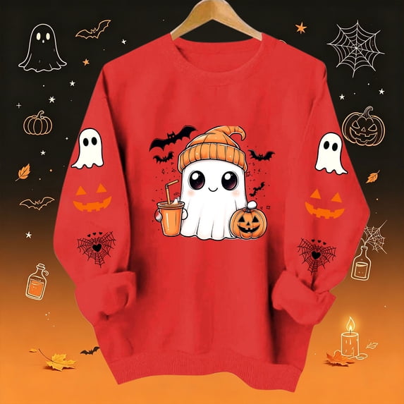 XSMGTUI Halloween Women's Sweatshirt Fall Ghost Fall Pumpkin Long Sleeve Casual Witch Bat Oversized Pullover Soft Comfortable Shirts Cute Vintage Graphic Top