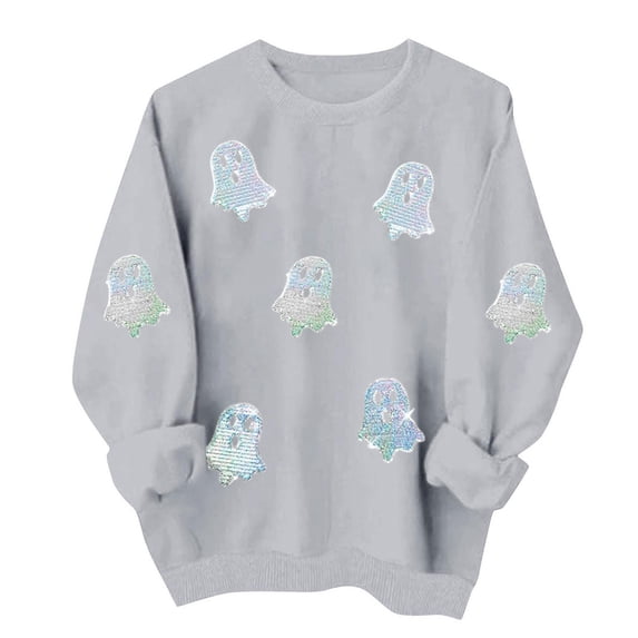 XSMGTUI Halloween Women's Sweatshirt Fall Ghost Fall Pumpkin Long Sleeve Casual Witch Bat Oversized Pullover Soft Comfortable Shirts Cute Vintage Graphic Top