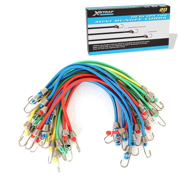 XSTRAP STANDARD 20 Pack Mini Bungee Cords, 10 Inch Rubber Stretchy Bungee Cords with Hooks for Bikes, Camping, Tools, Tarps and Cargo, Hang Christmas Ornaments
