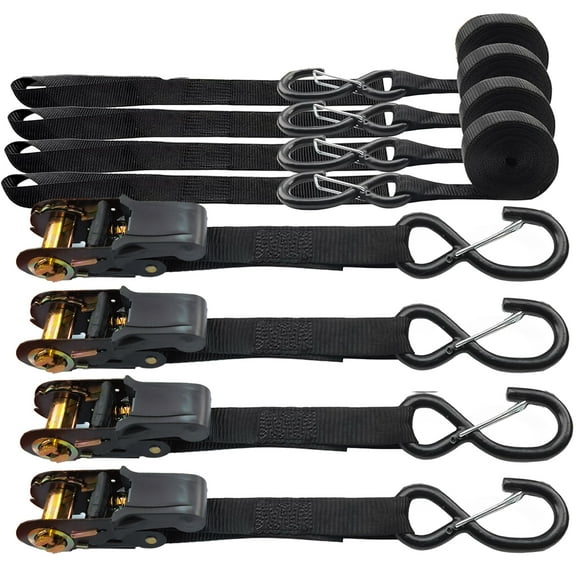 XSTRAP 4pk 1in x 15ft Ratchet Tie Down Straps With Safety Lock S Hooks & 4pcs 1in x 18in Soft Loop