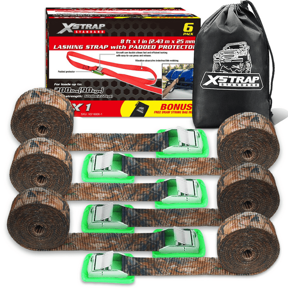 XSTRAP STANDARD Padded Cam Lock Buckle 6PK 8FT Powersports Tie-Downs Camouflage Lashing Straps with Carrying Bag, for Securing Cargo, Luggage, Car Roof Rack