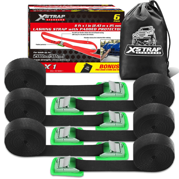 XSTRAP STANDARD Padded Cam Lock Buckle 6PK 8FT Powersports Tie-Downs Black Lashing Straps, Come with a Drawstring Bag, for Securing Cargo, Luggage, Kayak