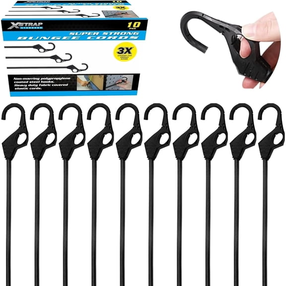 XSTRAP STANDARD 10-Pack Bungee Cords with Finger-Hole Hooks - Enhanced 3X Strength, Elastic Stretch from 48" to 72" - Ideal for Securely Fastening Cargo, Auto, Truck, RV, Boat, & Garage Organization