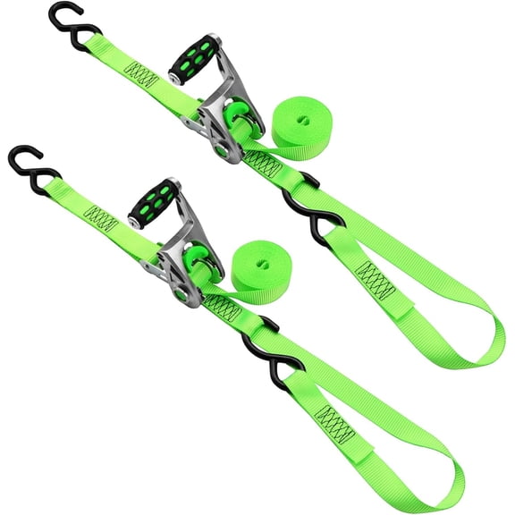 XSTRAP STANDARD 1in x 14ft Ratchet Straps with Ergonomic Aluminium Alloy Handle and Coated S-Hooks - 500 lb. Working Load Limit / 1,500 lb. Breaking Strength - Green, 2PK