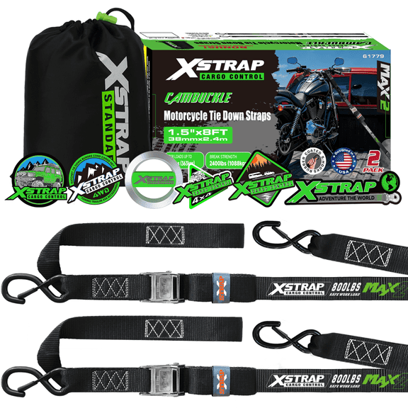 XSTRAP STANDARD 2 Pack  Motorcycle Tie Down Straps  2,400 lb Break Strength, 1.5 in X 8 FT Steel Cambuckle Tiedown Set with S Hook and Integrated Soft Loops for Motorbikes, Dirtbikes, ATV, UTV(Black)