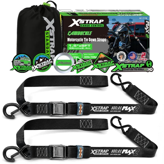 XSTRAP STANDARD 2 Pack Motorcycle Tie Down Straps 2,400 lb Break Strength, 1.5 in X 8 FT Steel Cambuckle Tiedown Set with S Hook and Integrated Soft Loops for Motorbikes, Dirtbikes, ATV, UTV(Black)