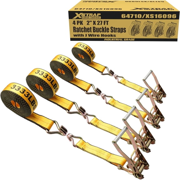 XSTRAP STANDARD 4 Pack 2" x 27' Tie Down Straps, Heavy Duty Ratchet Straps with Double J Hooks, 10000 LBS Break Strength, Long Handle Cargo Straps for Truck, Trailer, Motorcycles, Kayaks, Car Roof