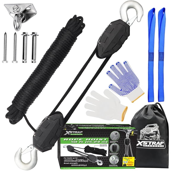XSTRAP STANDARD 50 Feet Rope Hoist, Heavy-Duty 2000LB Wheel Block and Tackle Pulley System for Lifting Heavy Objects with Work Gloves, 2pcs Soft Loops, 1 Swing Hanger for Garage Warehouse