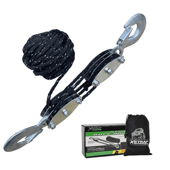 XSTRAP STANDARD Heavy-Duty 2,000 lb Breaking Strength 50 ft Reflective Rope Hoist, Metal Wheels Bearing 1000 lb Block and Tackle Pulley System with 2 pcs Soft Loops