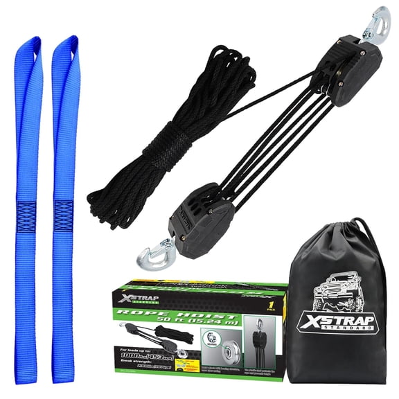 XSTRAP STANDARD Heavy-Duty 2,000 lb Capacity 50 ft Rope Hoist Pulley Wheel Block and Tackle System 5:1 Ratio Lifting Power with 2 PK 18 Inch Soft Loops , Black