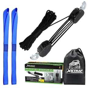 XSTRAP STANDARD Heavy-Duty 2,000 lb Capacity 50 ft Rope Hoist Pulley Wheel Block and Tackle System 5:1 Ratio Lifting Power with 2 PK 18 Inch Soft Loops , Black