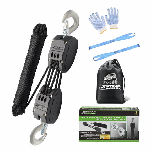 XSTRAP STANDARD Heavy-Duty Block and Tackle Pulley System, 1000 lb Capacity, 50 ft Rope Hoist with 2 Soft Loops for Lifting, Black