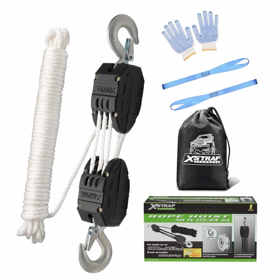 XSTRAP STANDARD Heavy-Duty Block and Tackle Pulley System, 1000 lb Capacity, 5:1 Lifting Power, 50 ft Rope Hoist with 2 Soft Loops White