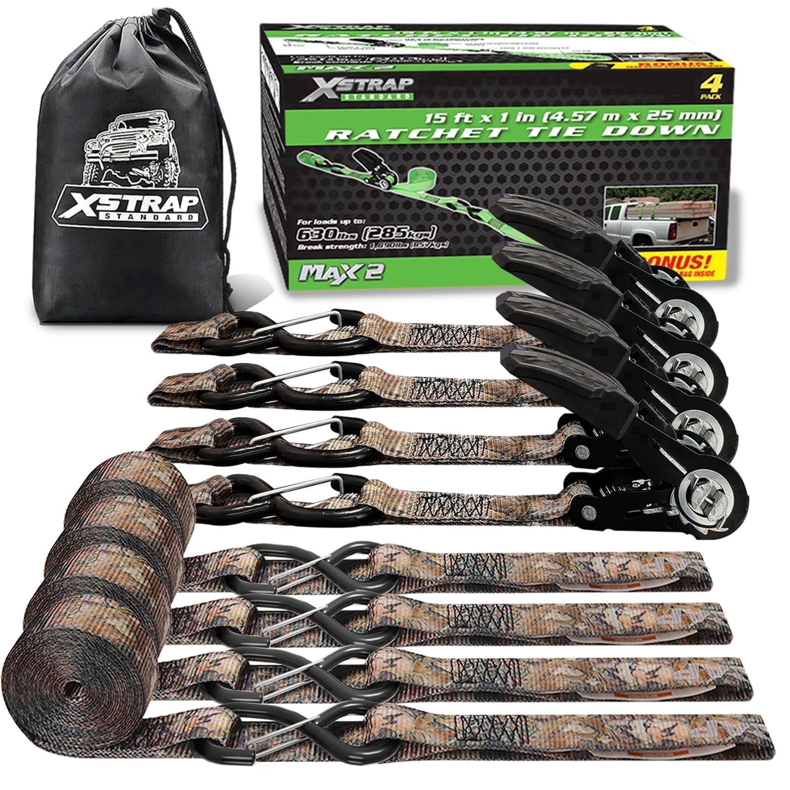 XSTRAP STANDARD Ratchet Straps Tie Downs, 4 Pack 1 in x 15 ft- Tie Down Straps with Safety S Hooks , 1890 lbs Break Strength for Motorcycles, Trucks, Moving (Camouflage)