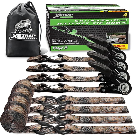 XSTRAP STANDARD Ratchet Straps Tie Downs, 4 Pack 1 in x 15 ft- Tie Down Straps with Safety S Hooks , 1890 lbs Break Strength for Motorcycles, Trucks, Moving (Camouflage)
