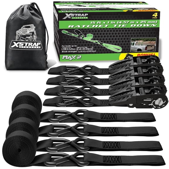 XSTRAP STANDARD Ratchet Tie Down Straps - 4 Pk - 1'' x 15 Ft 1890 Lbs Break Strength-Cargo Straps with 4 Integrated Soft Loops, Truck(Black)