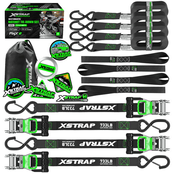 XSTRAP STANDARD Motorcycle Tie Down Strap (4 PK) 2,200 lb Break Strength 1" x 15 ft Ratchet Tie Down Straps Set, Soft Loop Ratchet Straps for Moving Appliances,Cargo Straps for Trucks, Black