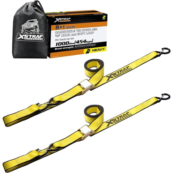 XSTRAP STANDARD Motorcycle Tie Down Straps (2 Pack) 3,000lb Break Strength, 1.5 in X 8FT Heavy-Duty Cambuckle Tie Down Set with S Hook and Soft Loops, Yellow