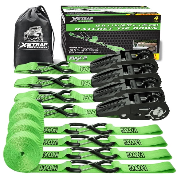 XSTRAP STANDARD Ratchet Tie Down Straps - 4 Pk - 1'' x 15 Ft 1890 Lbs Break Strength-Cargo Straps with Integrated Soft Loops, Truck (Green)