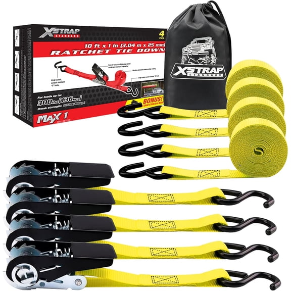 XSTRAP STANDARD Ratchet Tie Down Straps 4 Pk 10 Ft- 300 Lbs Load Cap- 900 Lbs Break Strength-Cargo Straps for UTV, ATV, Pickup,Truck, Moving Appliances, Lawn Equipment, Yellow