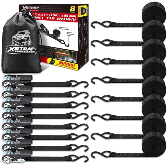 XSTRAP STANDARD Ratchet Tie Down Straps 8PK 1'' x 10 ft - 900 LB Break Strength Cargo Straps for Moving Appliances, Lawn Equipment, Motorcycle (Black)