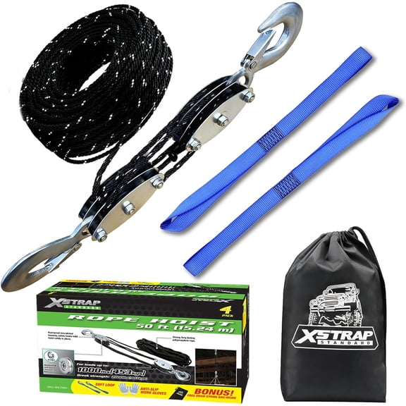 XSTRAP STANDARD Reflective Rope Hoist Pulley System, 1000LB Block and Tackle, 5:1 Lifting Power 50ft Heavy Duty Pulley Block for Hunting Lifting Heavy Objects with Anti-Slip Work Gloves, 2 Soft Loops