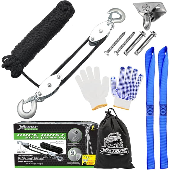 XSTRAP STANDARD Rope Hoist Pulley System, 1000LB Capacity Block and Tackle, 5:1 Lifting Power 50ft Heavy Duty Pulley Block with Work Gloves, 2pcs Soft Loops, 1 Swing Hanger