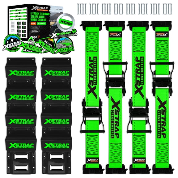 XSTRAP STANDARD Wheel Chock E-Track Tie Down Straps Kit, 4 Pack 2 x 9FT Over-The-Tire Ratchet Straps with Steel Wheel Chocks, 1466 lbs WLL for ATV, UTV, Lawn Mower, Trailer Hauling, Green