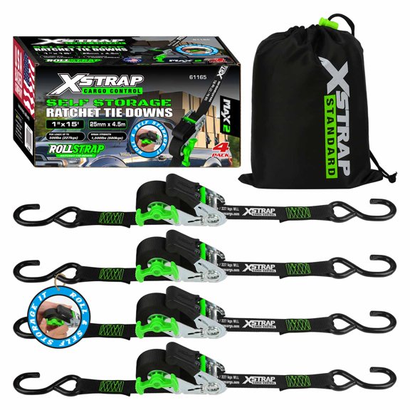 XSTRAP Self-Storing Ratchet Straps 4 Pack, 1 in x 15 ft, 1500 lbs Break Strength, Hand Crank Retractable Tie Downs with S Hooks, Heavy Duty Cargo Straps for Truck, ATV, Moving, Black