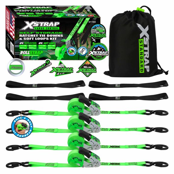 XSTRAP Self-Storing Ratchet Straps 4 Pack, 1 in x 15 ft, 1500 lbs Break Strength, Hand Crank Retractable Tie Downs with Spring Safety Hook, 4 Soft Loop, Heavy Duty Cargo Straps for Truck, ATV, Green