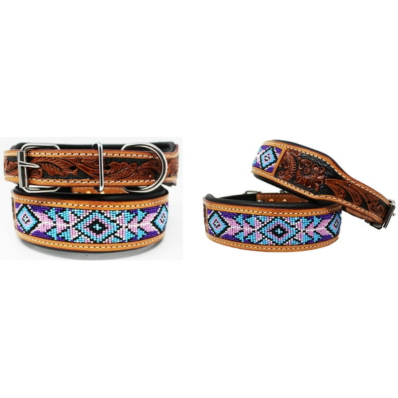 XSmall 9''- 13'' Hand Tooled Beaded Padded Leather Dog Collar 60128