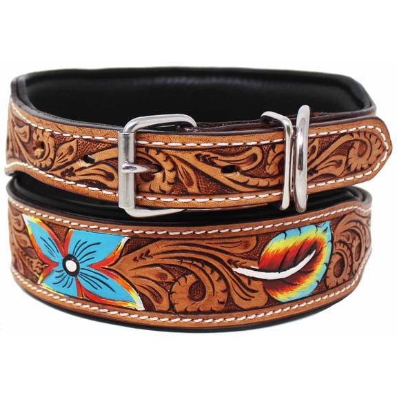 XSmall 9''- 13'' Hand Tooled Painted Padded Floral Leather Dog Collar 60189