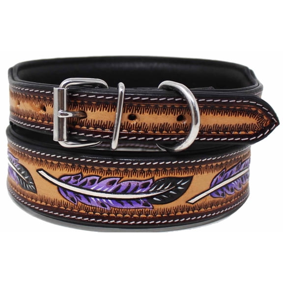 XSmall 9''- 13'' Handcrafted Tooled Leather Dog Collar Purple Feather 60FK61