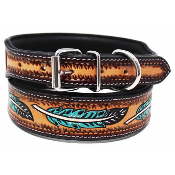 XSmall 9''- 13'' Handcrafted Turquoise Feather Tooled Leather Dog Collar 60FK60