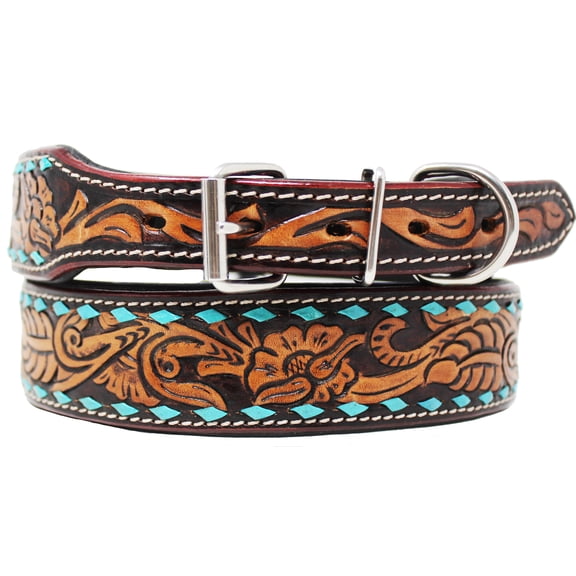 XSmall 9''- 13'' Padded Floral Leather Turquoise Buckstitch Dog Collar 60185