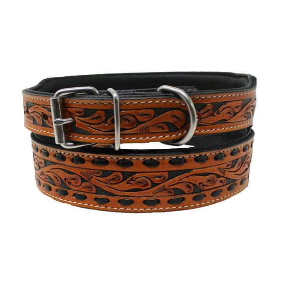 XSmall 9''- 13''  Padded Leather Buckstitch Floral Tooled Dog Collar 60FK38