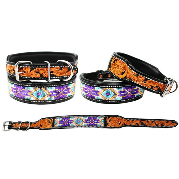 XSmall 9''- 13'' Padded Leather Dog Collar Beaded Floral Hand Tooled 60169