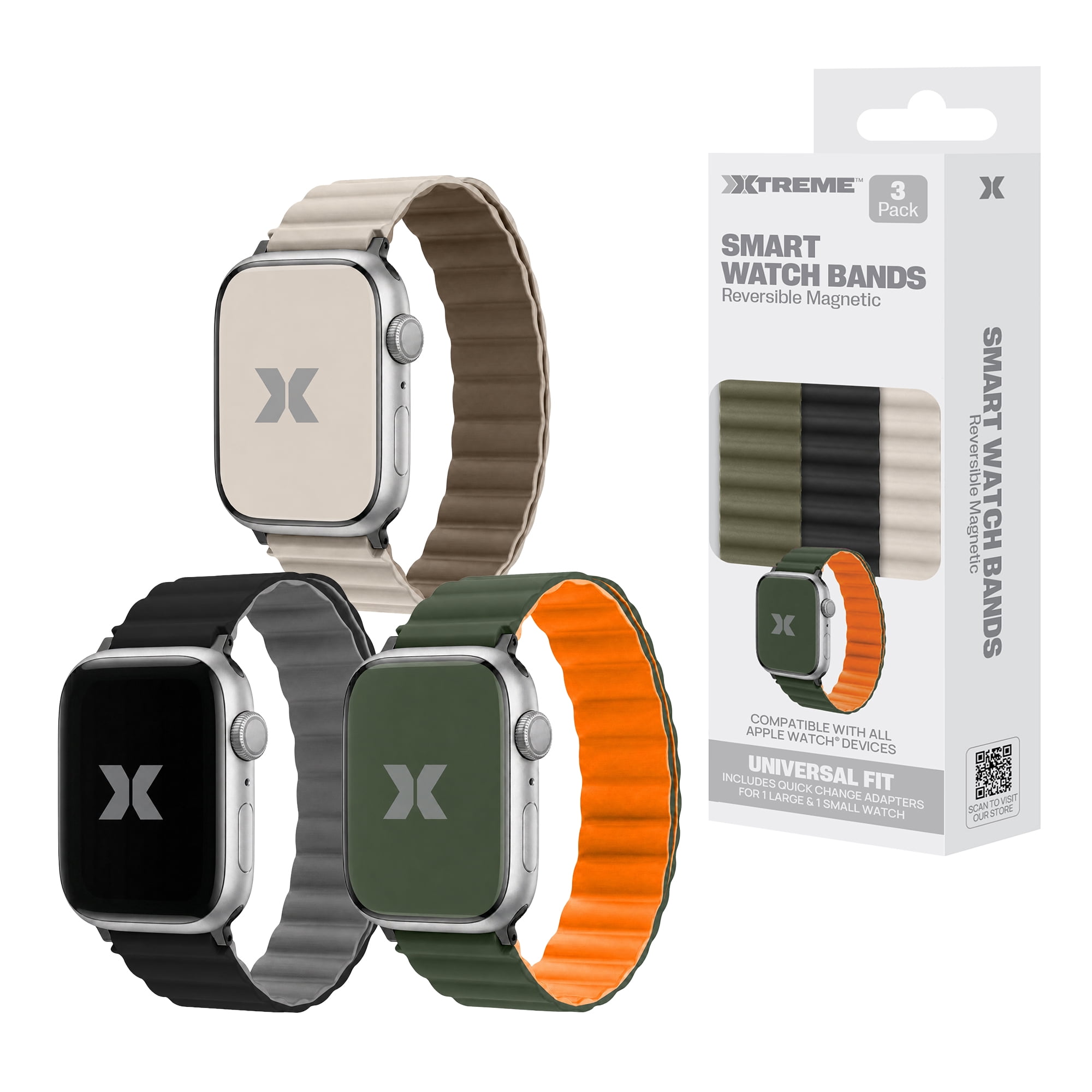 Xtreme 3-Pack Reversible Magnetic Bands for Apple Watch Series 1-10 and Ultra 2, Waterproof Adjustable Smart Watch Bands, 6 Color Options