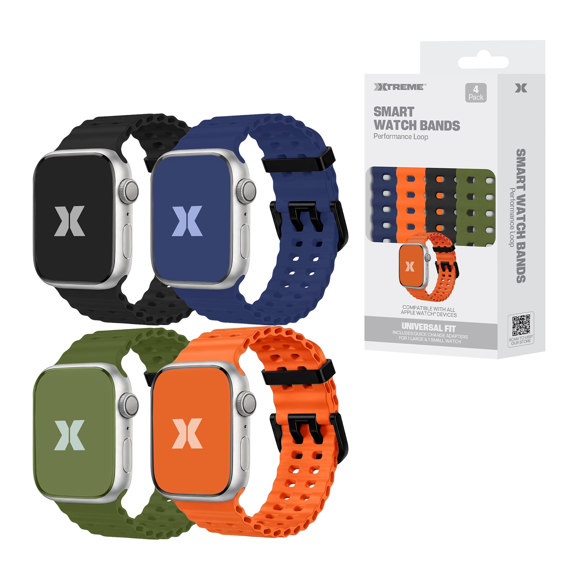 Xtreme 4-Pack Performance Loop Bands for Apple Watch Series 1-10 and Ultra 2, Waterproof Silicone Sport Watch Bands, Assorted Colors